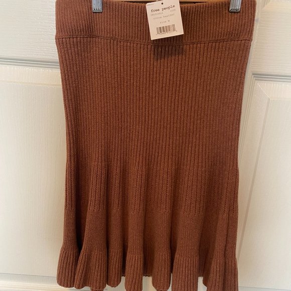 NWT Free People ribbed sweater skirt M cocoa Heather brown cotton blend - Picture 2 of 5